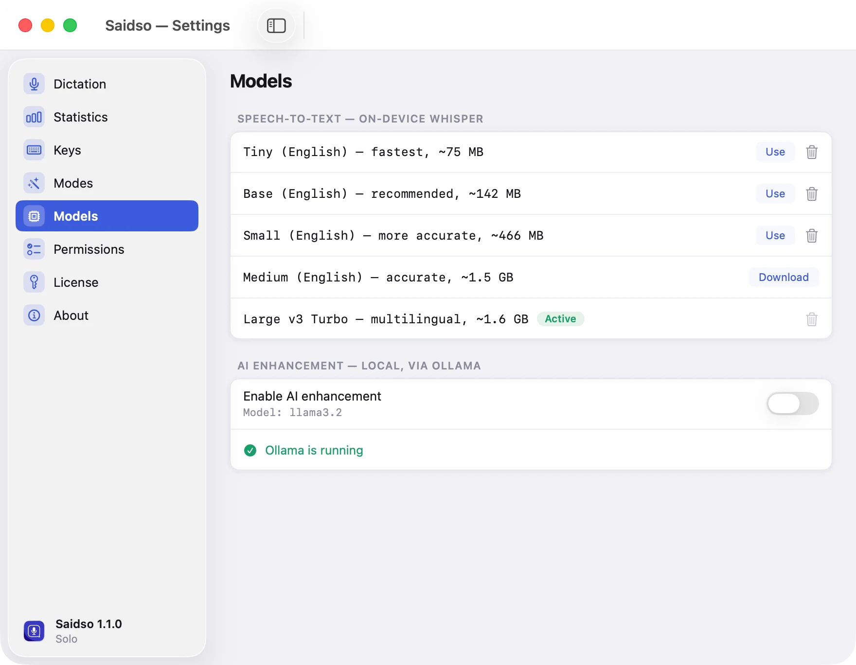 Saidso Settings on the Models section, with local Whisper models and on-device AI enhancement